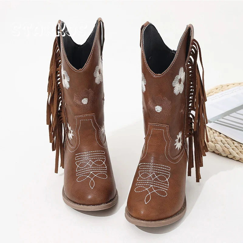 Santiag mi-haute marron Simili Cuir Fille - Broderies florales avec franges élégantes 3