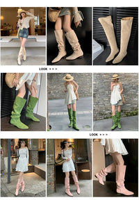 Santiag haute beige Daim Femme - Talon carré élégant et bout pointu 4