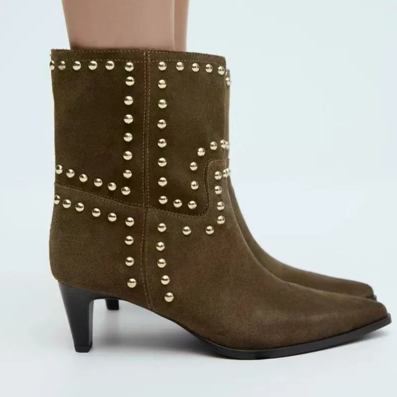 Santiag mi-haute marron Daim Femme - Clous dorés en motifs géométriques 2