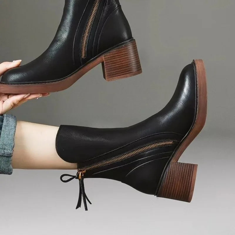 Bottine à talon noir Simili Cuir Femme - Santiags noires à fermeture éclair dorée 2