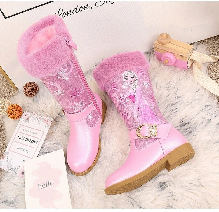Santiag haute rose Simili Cuir Fille - Bottes roses à broderies et fourrure chic 3