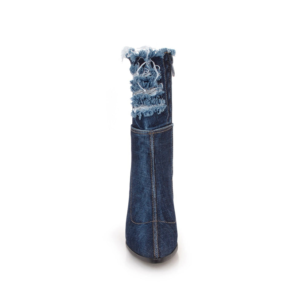 Botte haute bleu Synthétique Femme - Santiags denim avec détails effilochés 4