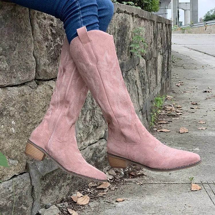 Santiag mi-haute rose Simili Cuir Femme - Broderies florales sur cuir rose vif 3