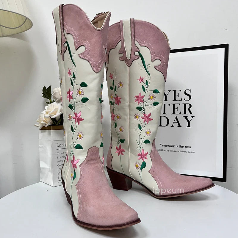 Santiag mi-haute blanc Simili Cuir Femme - Broderies florales vibrantes élégantes 6