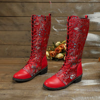 Santiag mi-haute noir Simili Cuir Femme - Broderies florales rouge et bleue élégantes 3