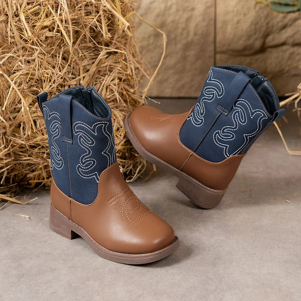 Santiag mi-haute marron Cuir Fille - Broderies blanches sur fond bleu élégant