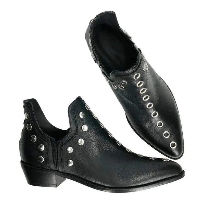 Santiag basse noir Simili Cuir Femme - Style rock avec clous et bout pointu
