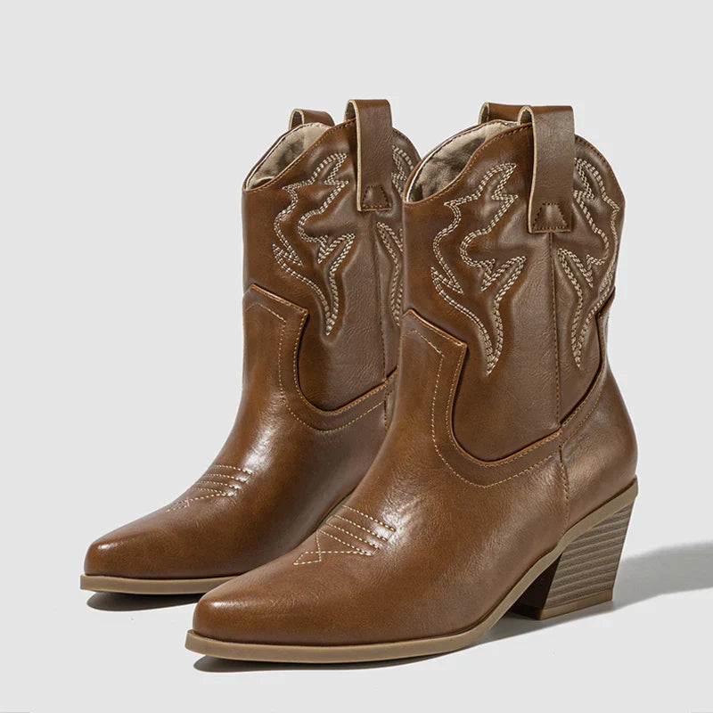 Santiag mi-haute marron Synthétique Femme - Bottes à broderies western, talon biseauté
