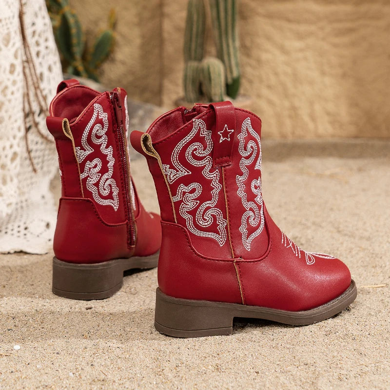 Santiag mi-haute rouge Cuir Fille - Broderies blanches et style western moderne 2