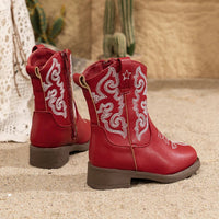 Santiag mi-haute rouge Cuir Fille - Broderies blanches et style western moderne 2