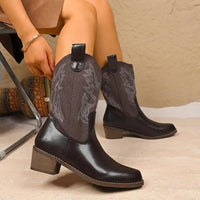 Santiag mi-haute marron Simili Cuir Femme - Broderies western et talons carrés élégants 4