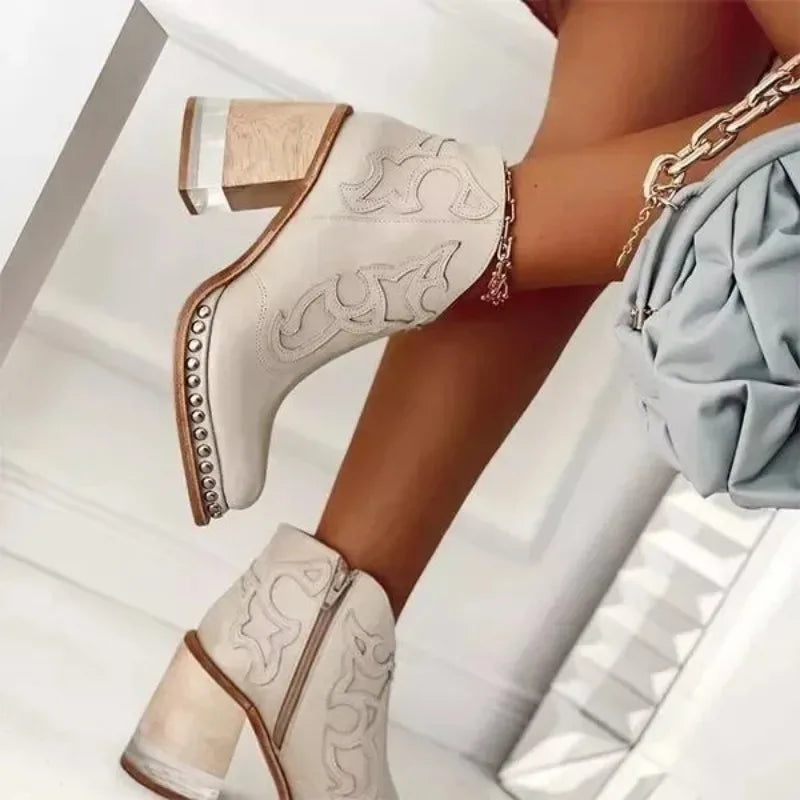 Santiag mi-haute beige Simili Cuir Femme - Bottes chic brodées à talons contrastés 4
