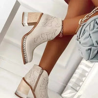 Santiag mi-haute beige Simili Cuir Femme - Bottes chic brodées à talons contrastés 3