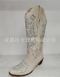 Santiag mi-haute beige Simili Cuir Femme - Broderies florales en bleu clair élégantes 1