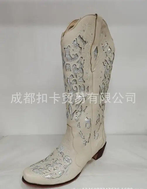 Santiag mi-haute beige Simili Cuir Femme - Broderies florales en bleu clair élégantes