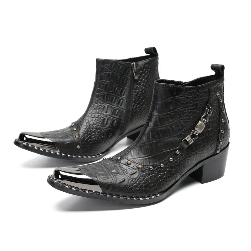 Santiag mi-haute noir Cuir Homme - Bout métallique avec clous et texture croco 2