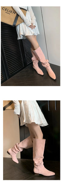 Santiag haute beige Daim Femme - Élégance subtile avec plis délicats 2