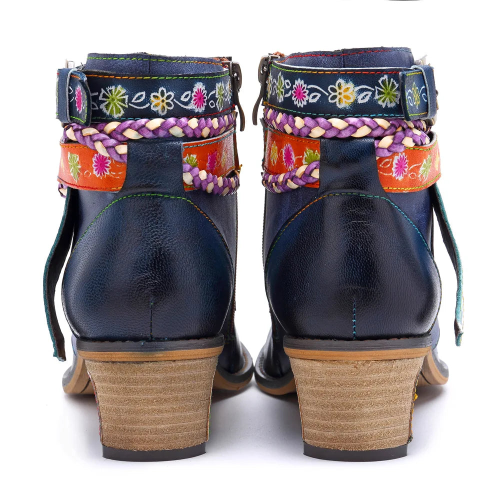 Santiag mi-haute bleu Cuir Femme - Broderies florales et sangles multicolores 3