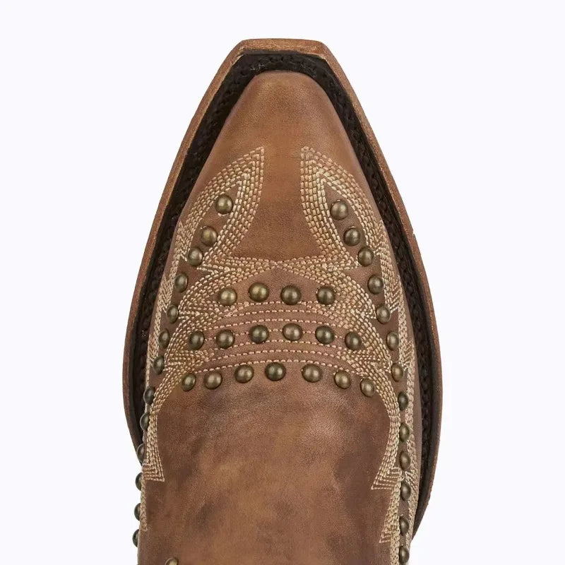 Santiag haute marron Simili Cuir Femme - Style western avec broderies et rivets 4