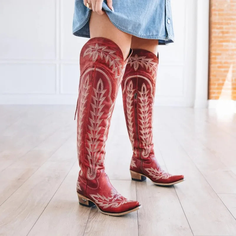 Santiag haute rouge Synthétique Femme - Tige élancée avec broderies et clous 2