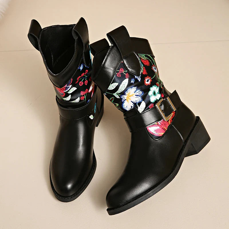 Santiag mi-haute noir Simili Cuir Femme - Broderies florales élégantes et artistiques 5