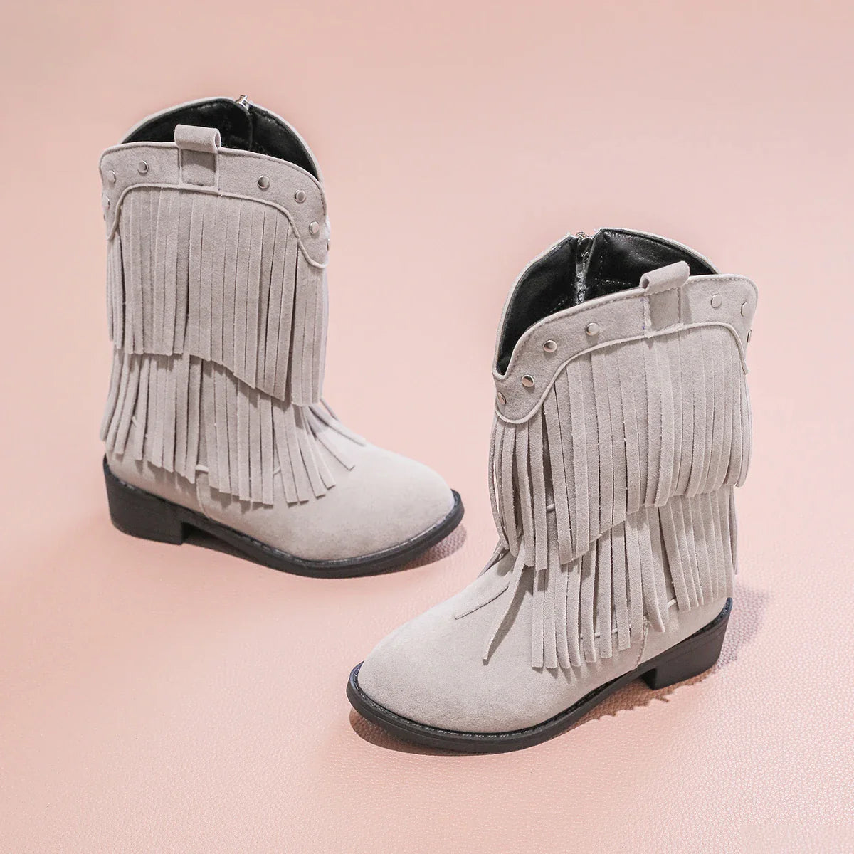 Santiag mi-haute beige Daim Fille - Franges avec clous métallo-western 5