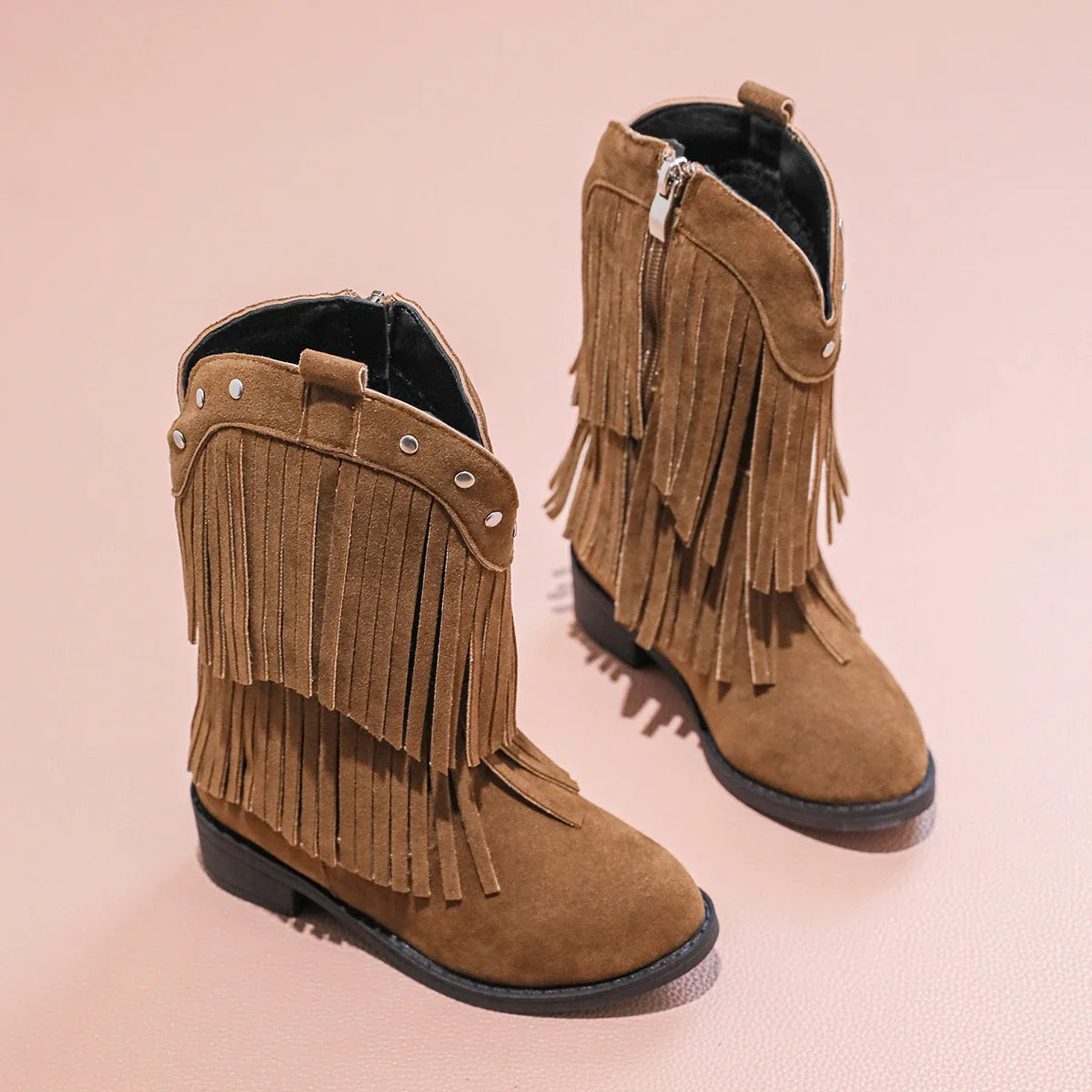 Santiag haute marron Daim Fille - Franges longues en daim décoratives 3
