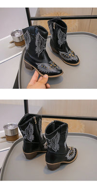 Santiag mi-haute marron Simili Cuir Fille - Broderies western avec clous dorés 2