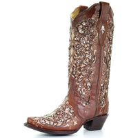 Santiag mi-haute marron Simili Cuir Femme - Broderies florales élégantes et ornementées 3