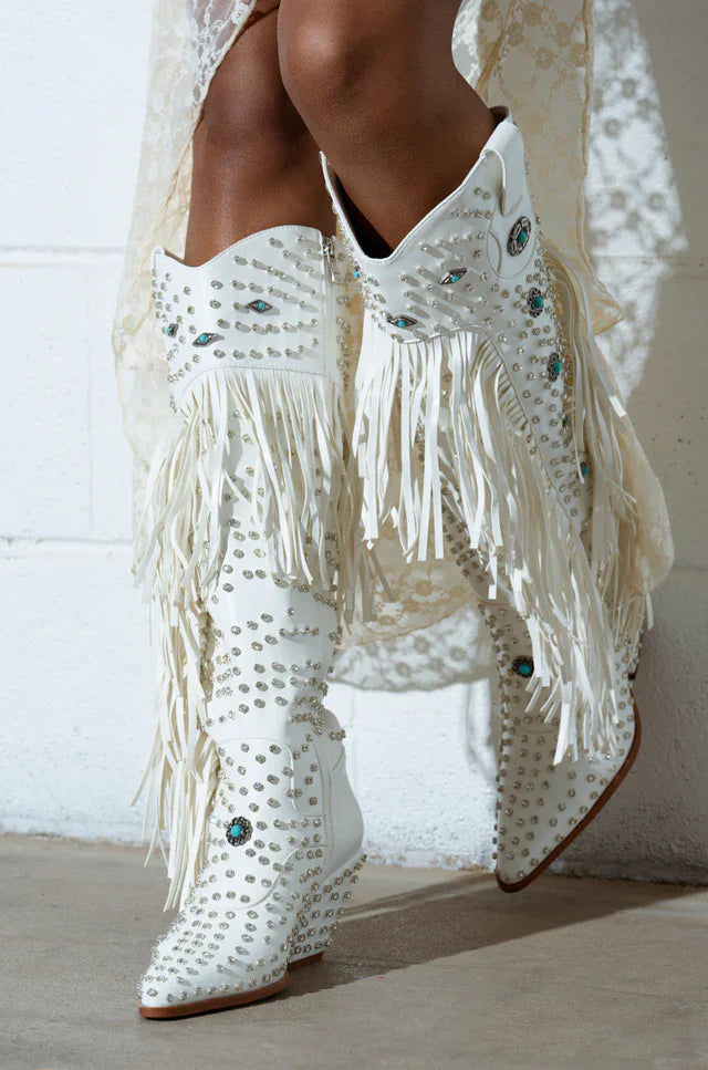Santiag haute blanc Simili Cuir Femme - Blanches à franges et motifs bleus 4