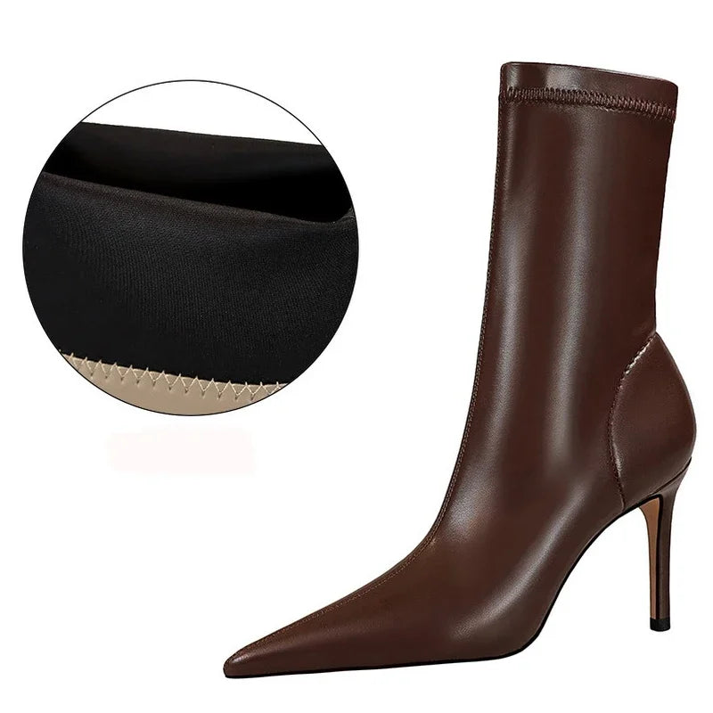 Botte haute marron Simili Cuir Femme - Bottes santiags pointues à talon aiguille 2