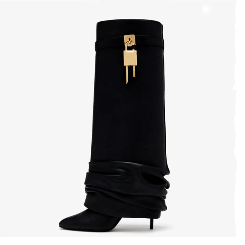 Santiag haute noir Simili Cuir Homme - Tige élégante avec boucle dorée unique