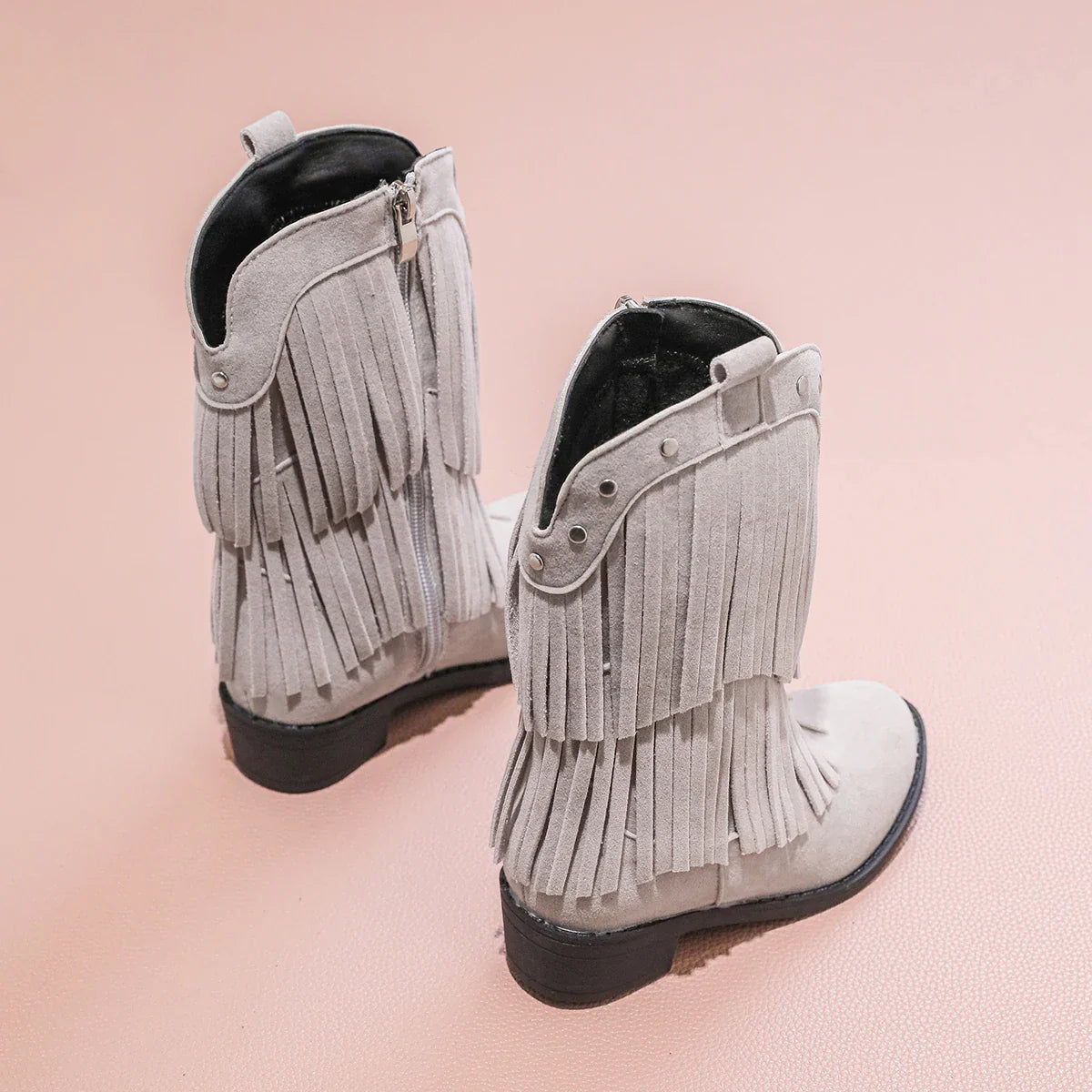 Santiag mi-haute beige Daim Fille - Franges avec clous métallo-western 4