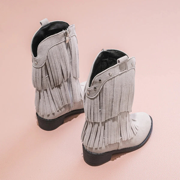 Santiag mi-haute beige Daim Fille - Franges avec clous métallo-western