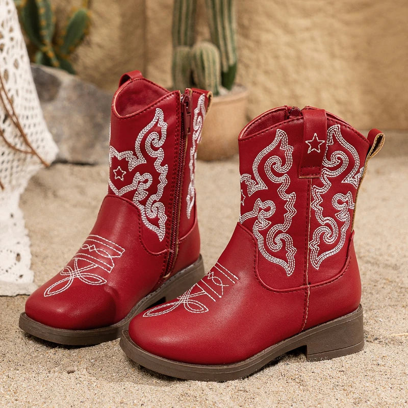 Santiag mi-haute rouge Cuir Fille - Broderies blanches et style western moderne 4