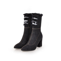 Santiag mi-haute bleu Synthétique Femme - Bottines en denim avec franges effilochées 2