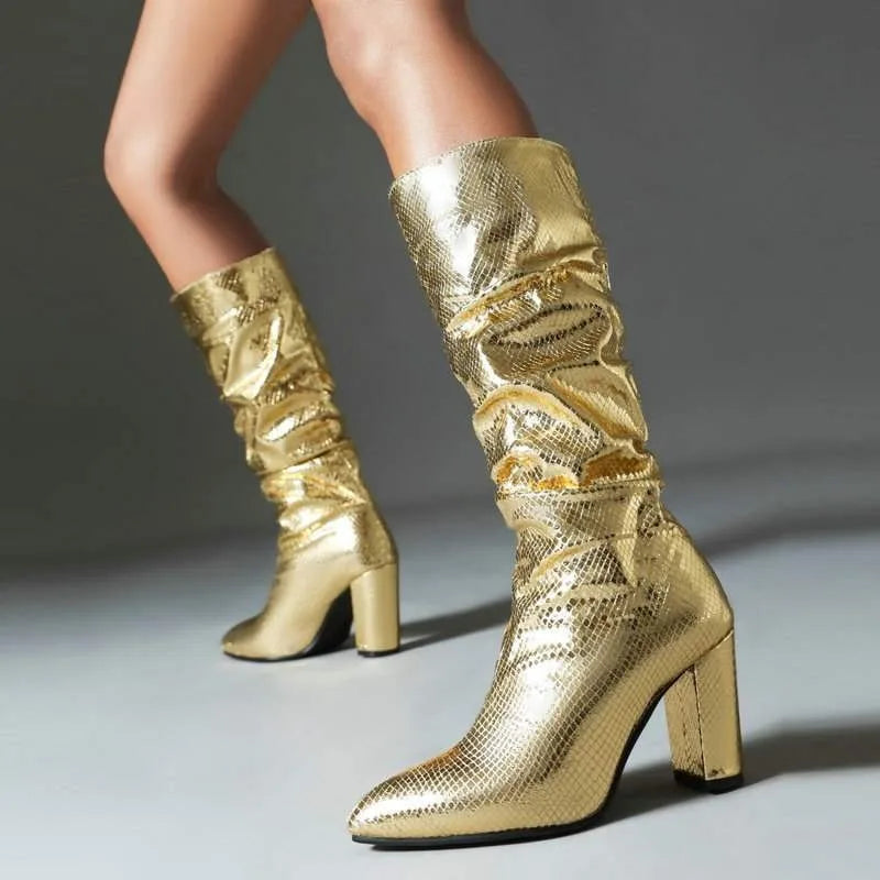 Botte haute doré Simili Cuir Femme - Santiags dorées à motif python élégant 2