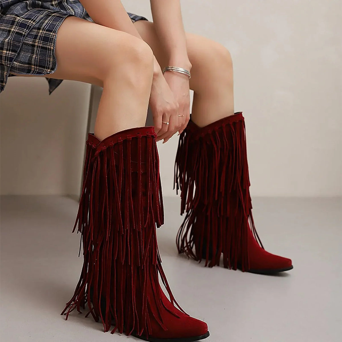 Santiag mi-haute marron foncé Simili Cuir Femme - Franges longues style western dynamique 2