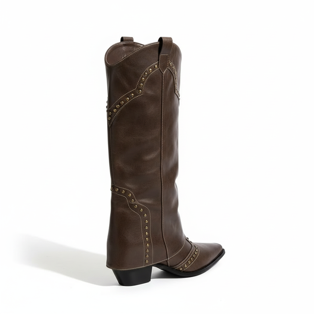 Santiag mi-haute marron foncé Simili Cuir Femme - Rivets décoratifs et bout pointu 4