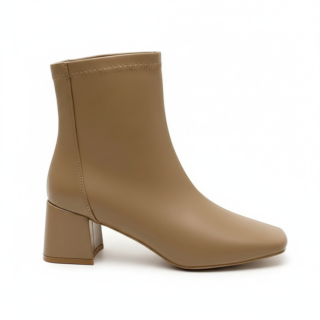 Bottine à talon camel Simili Cuir Femme - Design minimaliste bout carré camel