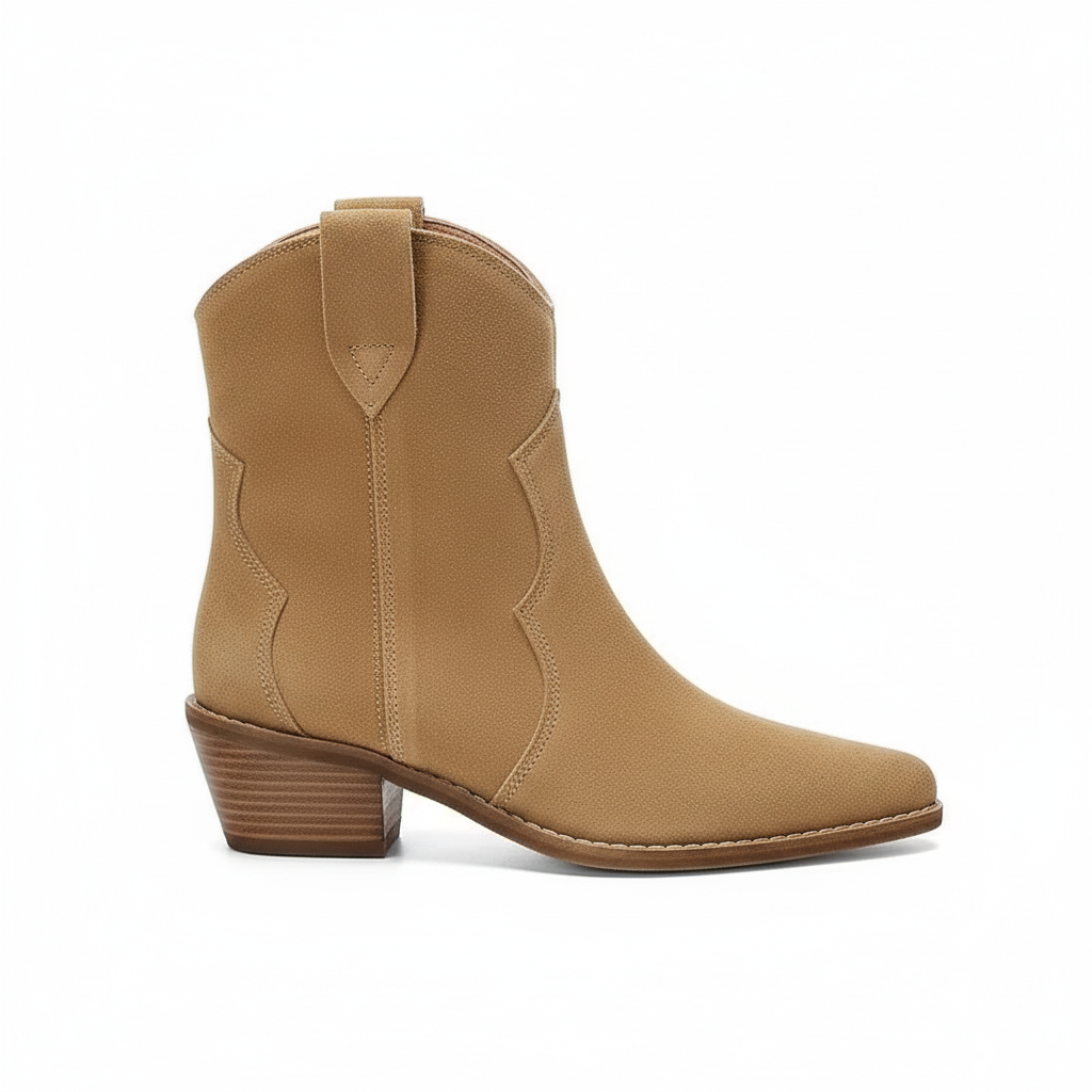 Santiag basse camel Daim Femme - Tirettes et coutures vagues stylisées