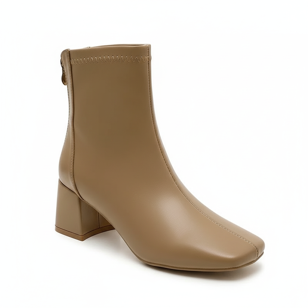 Bottine à talon camel Simili Cuir Femme - Design minimaliste bout carré camel 2