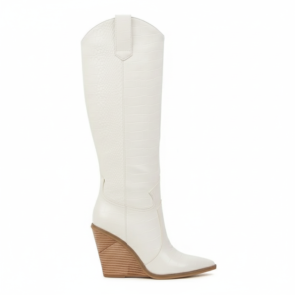 Santiag haute blanc Synthétique Femme - Talon compensé, motif python élégant 6