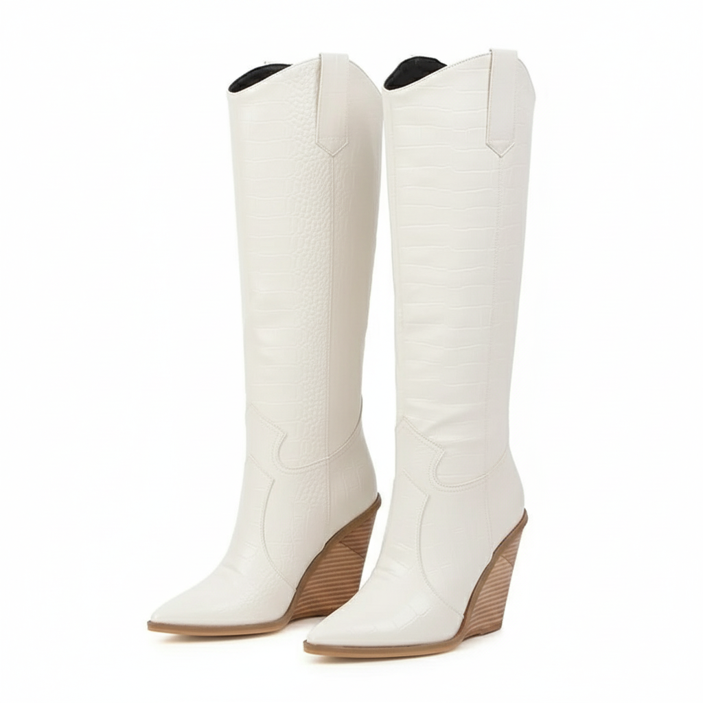 Santiag haute blanc Synthétique Femme - Talon compensé, motif python élégant 7