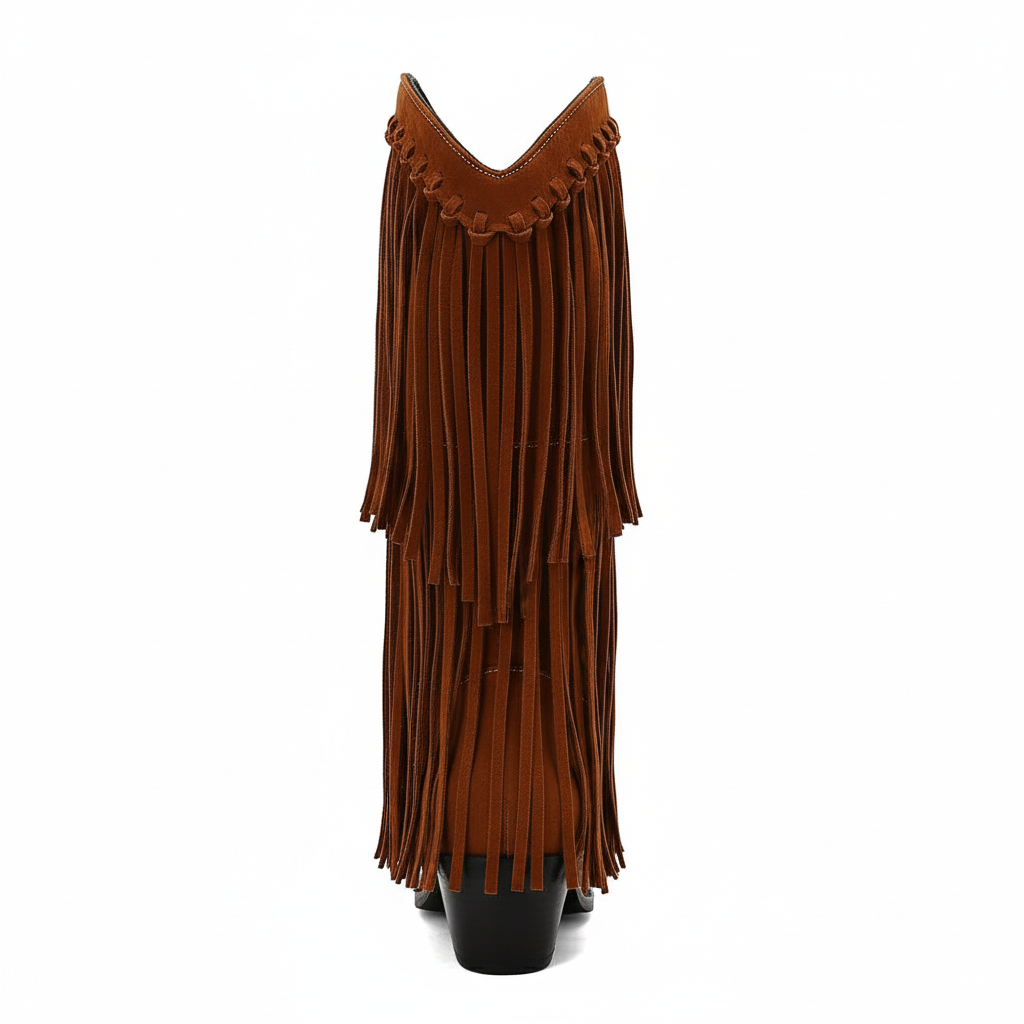 Santiag haute marron Daim Synthétique Femme - Franges longues avec talon cubique 3