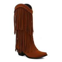 Santiag haute marron Daim Synthétique Femme - Franges longues avec talon cubique 4