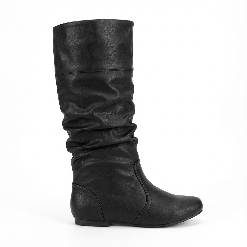 Santiag mi-haute noir Simili Cuir Femme - Bottes noires à allure épurée plissée 5