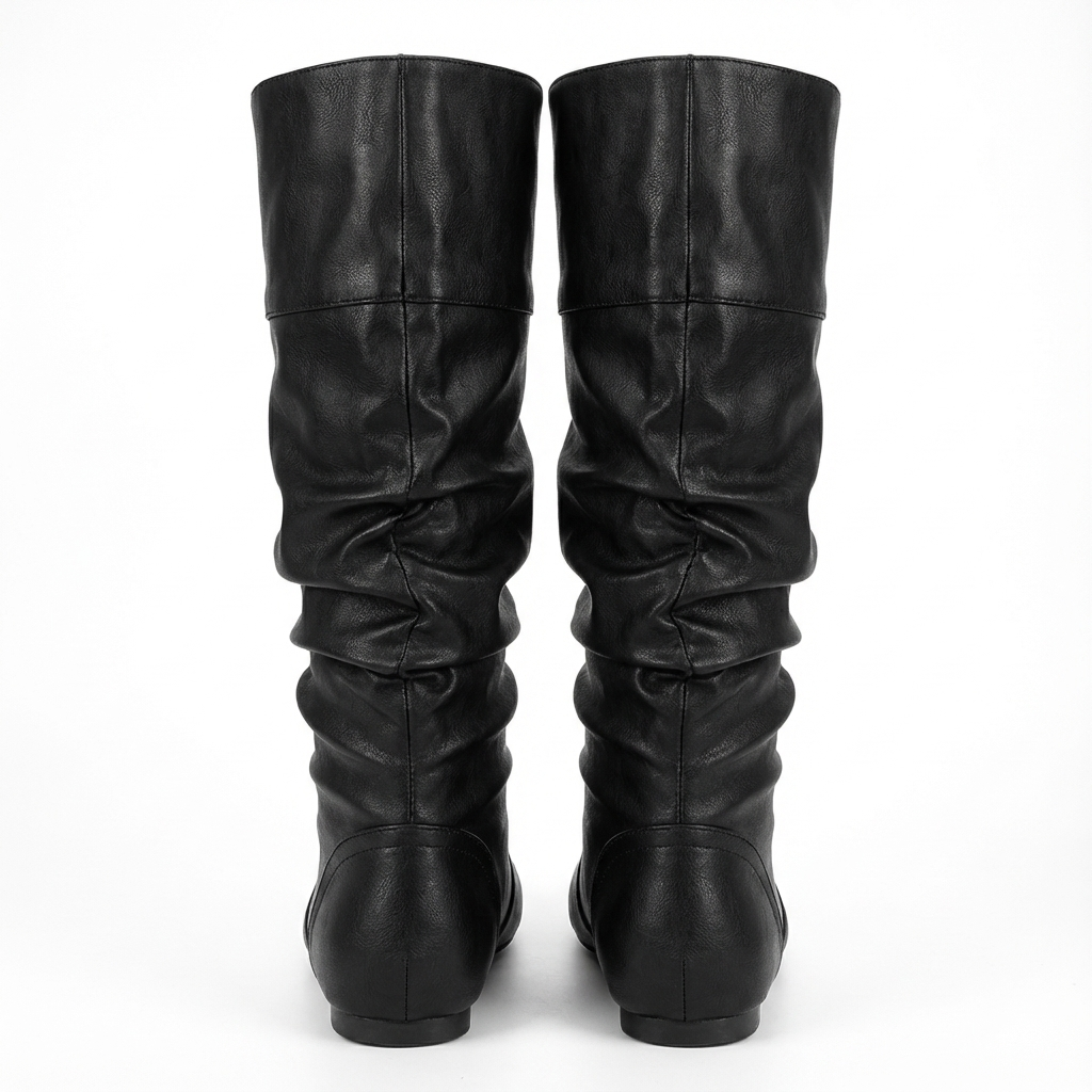 Santiag mi-haute noir Simili Cuir Femme - Bottes noires à allure épurée plissée 6