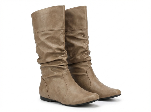 Santiag mi-haute marron clair Simili Cuir Femme - Effet plissé élégant et moderne