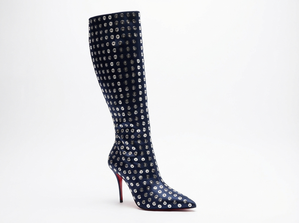 Santiag haute bleu Synthétique Femme - Bleu profond avec clous métalliques argentés - three_quarter_view